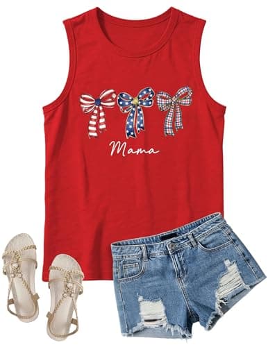 4th of July Bow Mama Tank Tops Women-Cute Bow Mama Sleeveless Shirt Red White Blue Tank Tops Patriotic Tops