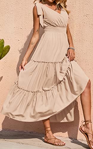 PRETTYGARDEN Women's Summer Dresses 2026 Boho Spaghetti Strap Tiered Maxi Dress Beach Tie Strap Smocked Long Dresses Pleated Sundress (Apricot,X-Large) - Thumbnail 6