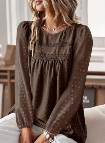 Falechay Plus Size Tops for Women Keyhole Button Fall with Elastic Loop Dressy Casual Crewneck Teacher Flowy Blouses Spring Boho Shirts Brown 5XL - Thumbnail 2