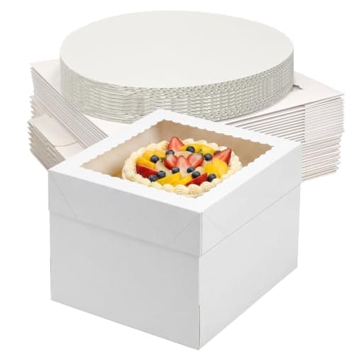 CRUGLA 15 Pack 10x10x8 Cake Boxes with Cake Boards, White Bakery Window Boxes, Tall Dessert Carrier for Birthdays, Weddings & Bake Sales