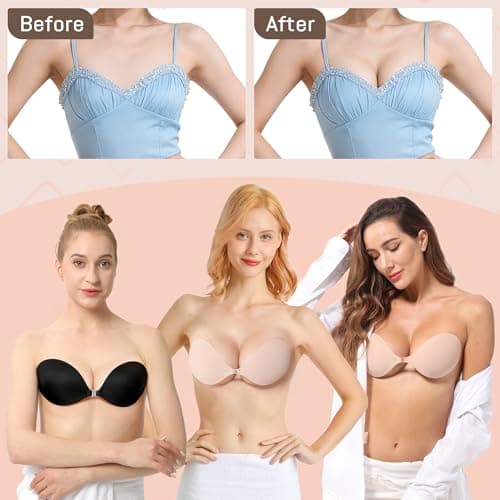 GKHWON Sticky Push Up Strapless Bras for Women,Ultra Adhesive Bra for Backless Dress,Invisible Silicon Bra with Nipple Covers (A Cup,Nude) - Thumbnail 4
