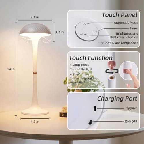DEXULESA Cordless Table Lamp, Portable Battery Operated Touch Control Lamp with 3 Colors & 7 RGB Stepless Dimmable, Rechargeable Table Lamp for Home Office/Dinner/Restaurant/Bedroom (White) - Thumbnail 2