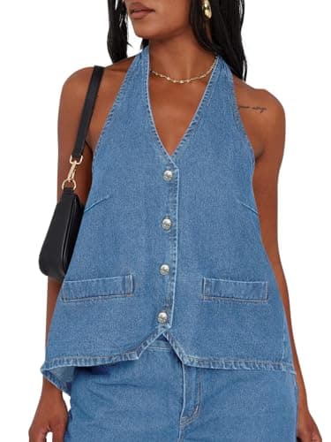 Tankaneo Womens Halter Denim Vest Tops Summer Open Back Y2K Going Out Tank Tops V Neck Button Down Jean Shirts