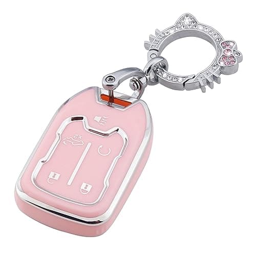 Pangpai Pink Key Fob Cover for Chevy GMC, Soft TPU Key Case Protection with Bling Keychain Fit for Silverado GMC Sierra 1500 2500HD 3500HD Terrain Acadia 5 Buttons