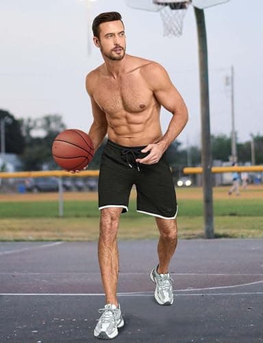 3rd hill Mens Athletic Sweat Shorts Casual Stretch Elastic Waist Waffle Workout Gym Shorts 7" Inseam Running Basketball Short with Pockets Black Medium - Thumbnail 3