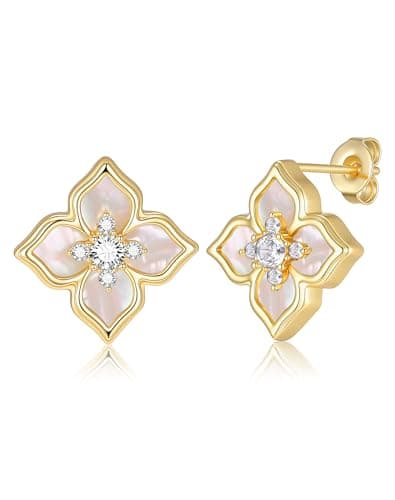 Four Leaf Earrings for Women - Hypoallergenic Stud Earrings 14K Gold Plated Earrings with Cubic Zirconia, Lucky Elegant Jewelry Gifts for Mother’s Day, Graduation, Wife, Girlfriend - Image 1