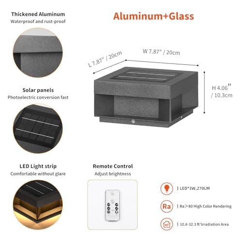 VZVI Solar Post Lights Outdoor, 7.9'' Pillar Lights Waterproof, 3000K Fence Column Cap Light Dusk to Dawn Solar Powered Lantern, Modern Lamp Posts Outdoor Lighting Fixture for Yard Pathway Deck Garden - Thumbnail 3