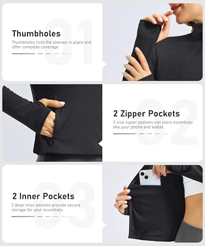 Soothfeel Women's UPF 50+ Sun Protection Athletic Jacket Lightweight Crop Zip Up Long Sleeve SPF Shirts Hiking Workout Pocket Black M - Thumbnail 4