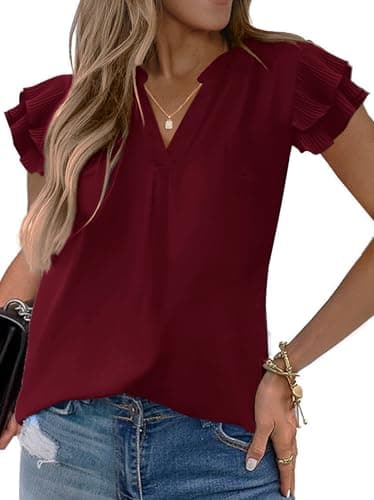Sucolan Womens Tops Notch V Neck Ruffle Sleeve Flowy Burgundy Shirts Cute Summer Blouse for Women Wine Red XL - Image 1