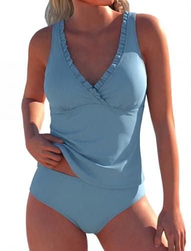 ZAFUL Womens Tummy Control Bathing Suits Modest Swimsuits Two Piece Tankini Top with High Waisted Bottom Blue M - Image 1
