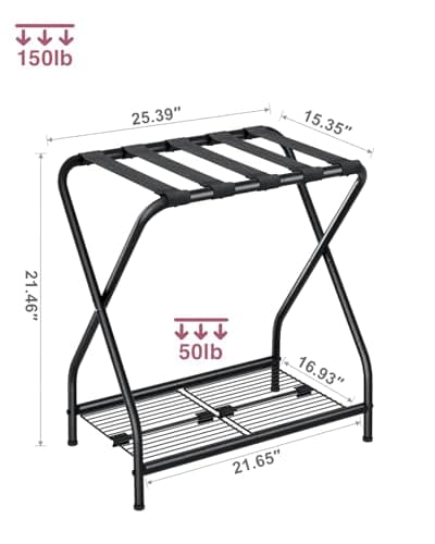 NEFROM Luggage Rack with Storage Shelf, Foldable Suitcase Stand, Heavy Duty Metal Luggage Holder, 150 lbs Top Capacity, 50 lbs Bottom Shelf, for Guest Room, Bedroom, Hotel LR-BK-1 - Thumbnail 5