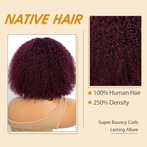 JOEDIR HAIR Human Hair Wig Afro Kinky Curly Fluffy Wig for Black Women Wear and Go Wig with Bangs Glueless Wigs 250% Density (99J, 10 inch) - Thumbnail 5