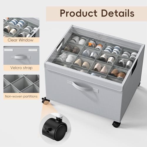 HOUSE AGAIN Shoe Organizer for Closet, 2 Pack Foldable Shoe Storage Organizer Box with Wheels and Adjustable Dividers, Sturdy Metal Frame Fits up to 16-32 Pairs, Large Shoes Storage with Clear Cover - Thumbnail 4