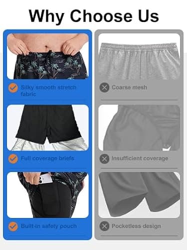 Yansylphsan Men‘s Big & Tall Swim Trunks 10 Inch - Quick Dry Beach Shorts with Compression Liner & 3 Pockets for Swimming, Beach (2X-6X) Black Leaves - Thumbnail 4