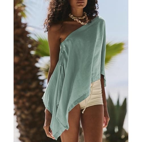 Ainangua Womens Sheer Poncho Beach Tops Casual Split Sleeve Drawstring Cover Up Versatile Flowy Cape Shawl Vacation Outfits(Cyan,M) - Thumbnail 4