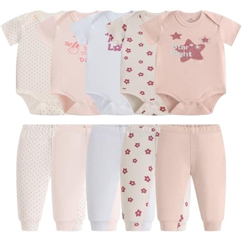 Baby Newborn Layette 10-Piece Set Cotton Bodysuits Short Sleeve Pants Sets Rainbow Stars Printed for Baby Boys Girls Toddler Unisex Baby Gift Sets for 3 6 Months - Thumbnail 2