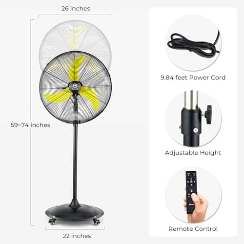 FUGOO 24'' Outdoor Oscillating Pedestal Fan With Remote Control,All Sealed BLDC Motor, 4-Speed Waterproof Outdoor Fan, Heavy Duty Industrial Floor Fans for House,Patios, Commercial, Garage, Warehouse - Thumbnail 2