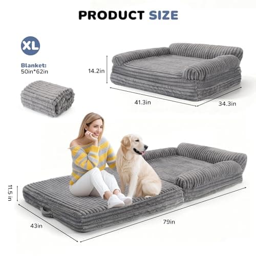 OtterOasis Foldable Human Dog Bed for Adult, Fluffy Faux Angora Human Sized Pet Bed with Blanket, Orthopedic Dog Bed with Egg Foam and Water Repellent Liner (Light Grey (Foldable), 79" Length) - Thumbnail 2