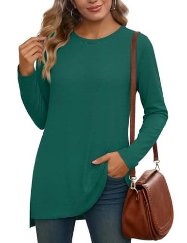 JUSTFASHIONNOW Womens Long Sleeve Tunic Tops to Wear with Leggings Crew Neck Side Split Layering Shirts Loose Fit Long Tops Darkgreen - Thumbnail 4