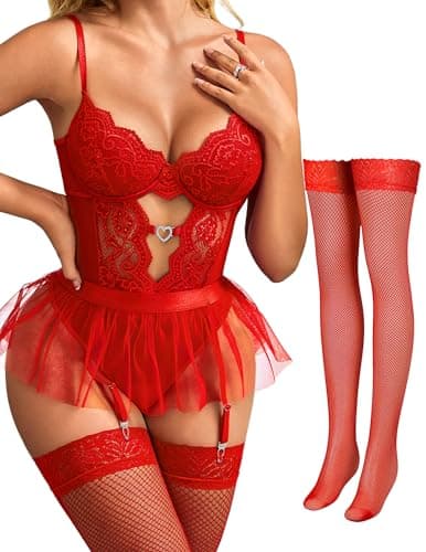 Tidouk Lingerie for Women Sexy Lace Lingerie Bodysuit Garter Lingerie Set with Detachable Mesh Mini Skirt(Red,XX-Large) - Image 1