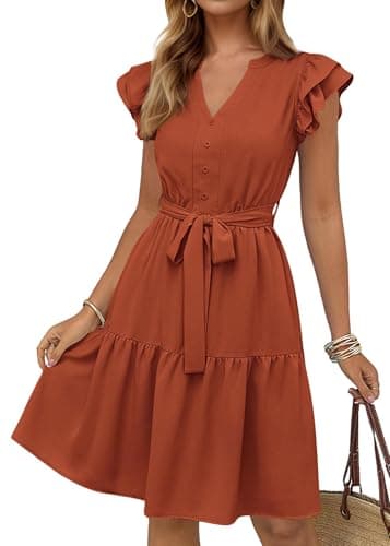 KIRUNDO Summer Dresses for Women 2026 Spring Flutter Sleeve V Neck Ruffle Flowy Tiered Knee Length Beach Vacation Sundress(Brick Red, X-Large) - Image 1