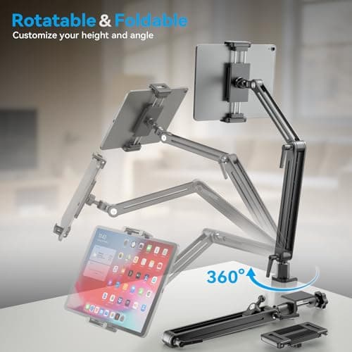 Adjustable Portable Monitor Stand 15.6" - 360° Rotating Base Tall Tablet Desk Arm Holder Stand for iPad Air/Pro/Mini Swivel Flexible Bed Clamp Mount Soporte para Tablet/Monitor Portatil/Ereader - Thumbnail 6