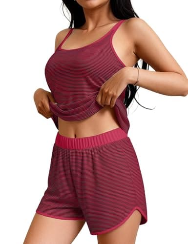 JUSTFASHIONNOW Womens Striped Tank Top Pajama Sets Summer Cami and Shorts Pjs Set Two Piece Short Set Comfy Sleepwear Loungewear(Red-Blue,Medium) - Image 1