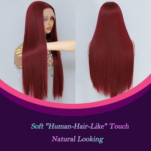 Barbique 13x6 Lace Front Wig 26 Inch Straight Synthetic Hair Burgundy Wig - Thumbnail 2