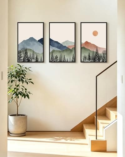 KUVIOKE Vintage Mountain Framed Wall Art Watercolor Nature Boho Sun Rise Paints Farmhouse Rustic Room Decor Ready to Hang 16x24in (Black Framed) - Thumbnail 5
