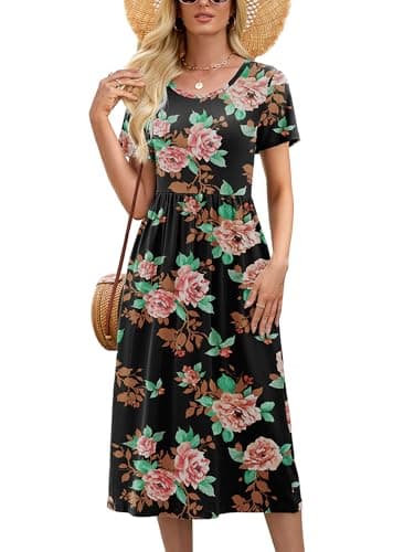 Heymoments Midi Dress for Women Floral Print X-Large Wedding Guest A line Crewneck Short Sleeves Casual Flowy Swing Cocktail Slimming Birthday Party Summer Travel Long Midi Dresses - Image 1