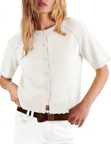 AMEBELLE Cropped Cardigan for Women Short Sleeve Ribbed Knit Button Up Shirt Lightweight Crewneck Casual Sweaters Tops (2668-Apricot-S) - Thumbnail 4