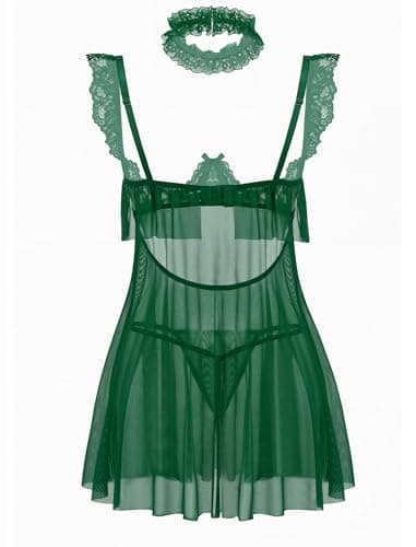 Avidlove Women Sexy Lingerie Lace Underwire Lingerie Set V Neck Sexy Push Up Babydoll Dress Green XXL - Thumbnail 2