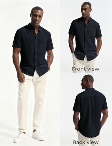 PJ PAUL JONES Mens Button Down Shirt Linen Short Sleeve Dress Shirts for Men Beach Summer Wedding Untucked Shirt Navy - Thumbnail 4