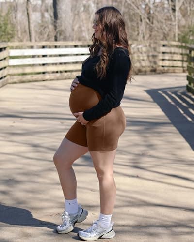 G4Free Maternity Summer Clothes Workout Shorts with Pockets Stretchy Comfy Pregnancy Yoga Short Active Wear(Dark Coffee,L) - Thumbnail 4