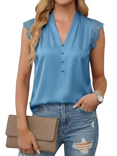 Cicy Bell Womens Summer Silk Satin Tank Tops Lace Cap Sleeve V Neck Casual Dressy Shirt Loose Fit Button Work Blouse Lake Blue - Image 1