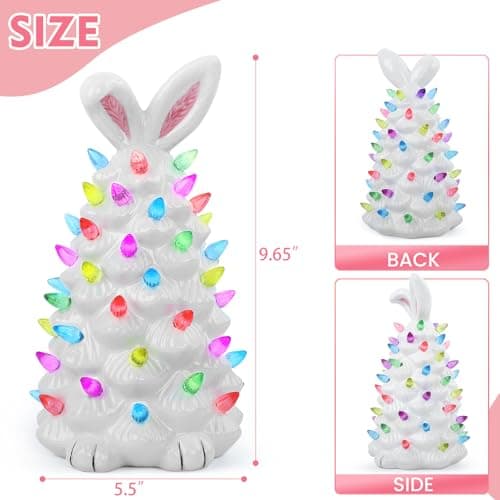 GARKALY Light up Easter Bunny Decor Glowing Tree, Cute Ceramic Tree Bunny Decorations for The Home Indoor Bedroom Office Decor Tabletop, Easter Night Light for Kids Gifts (White) - Thumbnail 4