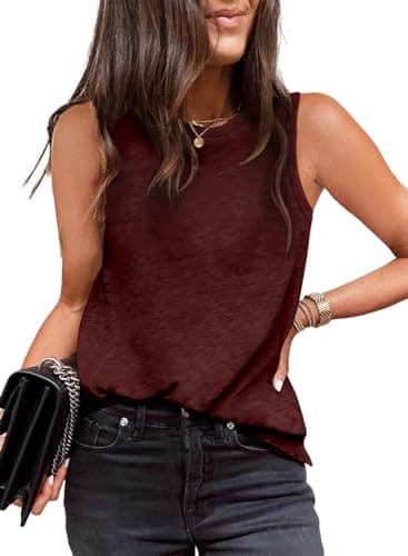 EVALESS Tank Tops for Women 2026 Trendy Crewneck Sleeveless Spring Summer Tops Loose Fit Shirts Basic Tee Business Casual Outfits Burgundy Small - Image 1