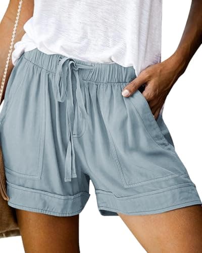 NILOINE Ladies Drawstring Casual Shorts Summer Elastic Waist Cotton Shorts Loose Fit Short Pants with Pocket(1-Light Blue,X-Large) - Image 1
