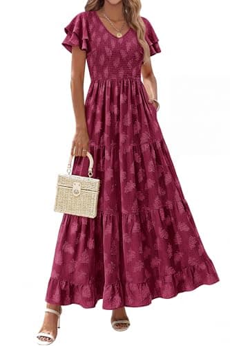 dowerme Maxi Dresses for Women 2026 Summer Ruffle Sleeve V Neck Smocked A Line Floral Boho Tiered Sundress Spring Outfit(Burgundy,XX-Large)