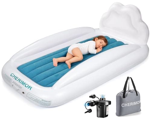CHERIMOR Toddler Air Mattress with Electric Pump, Inflatable Toddler Travel Bed with Safety Sides, Portable Kids Blow Up Mattress for Travel, Camping Grandma Sleepovers Playing Air Bed, Gift for Kids - Image 1