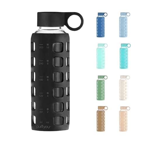 purifyou 40oz / 32oz / 22oz / 12oz Borosilicate Glass Water Bottle with Time & Volume Markers, Silicone Sleeve, Stainless Steel Lid | Reusable Glass Bottle for Water & Juice (12oz Jet Black) - Image 1