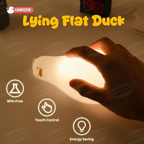 UNEEDE Lying Flat Duck Lamp, 3 Level Dimmable Rechargeable Silicone Night Light, Benson Duck Cute Squishy Touch Sensor Bedside Lamp for Nursery, Breastfeeding, Kids Room Decor - Thumbnail 5