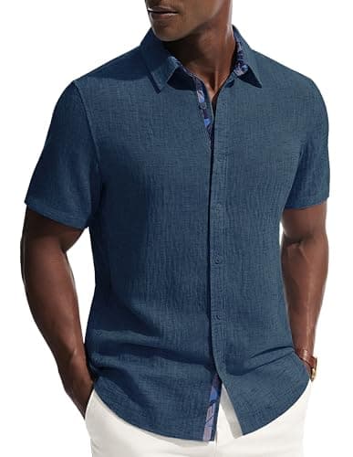 PJ PAUL JONES Men's Short Sleeve Button Down Shirt Casual Linen Summer Beach Wedding Dress Shirt Navy - Image 1