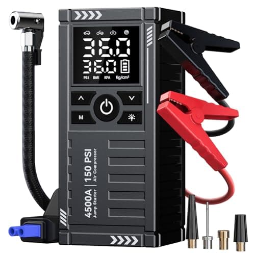 Car Battery Jump Starter with Air Compressor - 4500A 150PSI Portable Car Jump Starters (All Gas/10L Diesel) with Tire Inflator, 12V Car Battery Jump Box with Jumper Cables, LCD Display, LED Light
