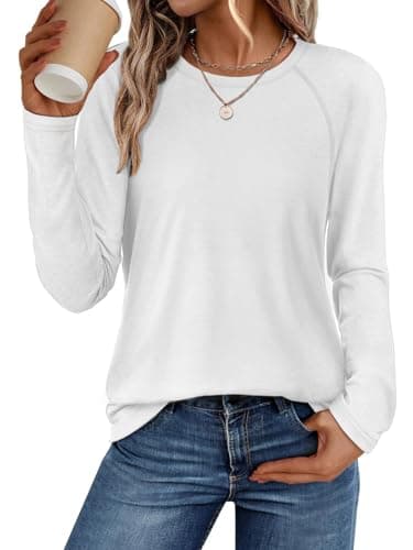 ATHMILE Long Sleeve Shirts for Women Casual Batwing T Shirt Round Neck Basic Loose Tunic Tops White - Image 1