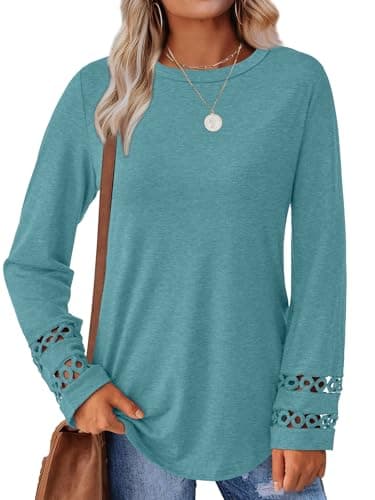 GKBK Womens Long Sleeve Tops Business Dressy Casual Blouses Crew Neck Loose Fit Lightweight T Shirts Cute Work Tee Ladies Tunic 2025 Fall Winter Fashion Clothes Trendy Outfits Cyan M - Thumbnail 6