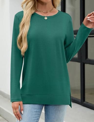 JUSTFASHIONNOW Womens Long Sleeve Tunic Tops to Wear with Leggings Crew Neck Side Split Layering Shirts Loose Fit Long Tops Darkgreen - Thumbnail 2