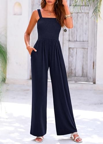 KIRUNDO Jumpsuits for Women Casual Wide Leg Loose One Piece Outfits Sleeveless Adjustable Straps Overalls Summer Romper Airport Outfits (Navy, Small) - Thumbnail 6