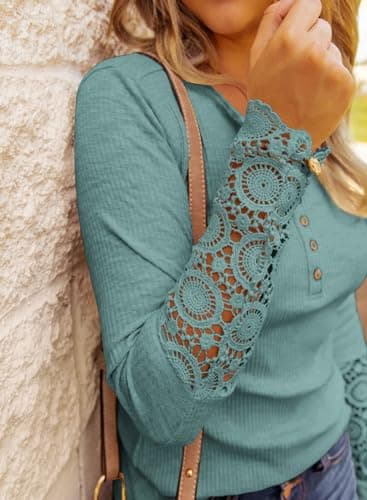 BTFBM Women Long Sleeve Shirts Spring Solid Button Up V Neck Lace Long Sleeves Slim Fit Knit Casual Fall T-Shirts 2026(Lake Green,Small) - Thumbnail 3