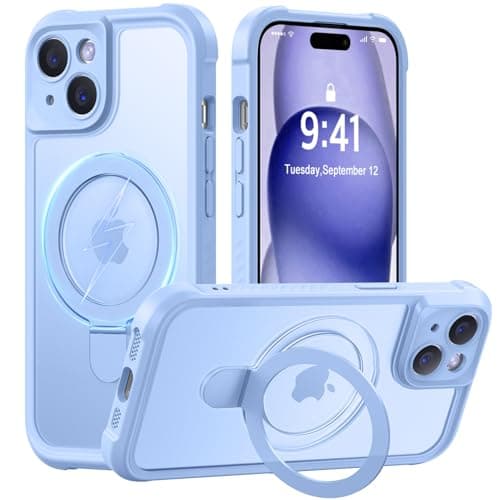 MOCCA Design for iPhone 15 Case with Magnetic Invisible Stand [Full Camera Protection] [Compatible with Magsafe] Military Drop Shockproof Translucent Matte Phone Case Cover 6.1",Light Blue - Image 1